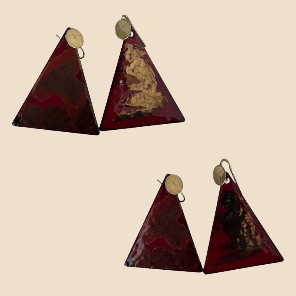 Red Enamel Triangle Statement Dangle Earrings Gol… - image 2
